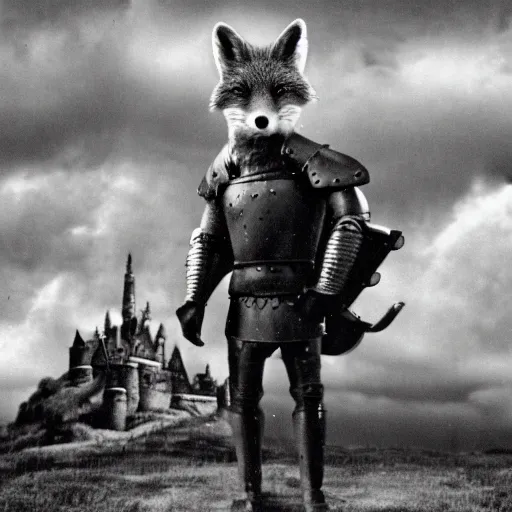 Image similar to anthropomorphic fox!! who is a medieval knight holding a swo - rd towards a stormy thundercloud [ 1 9 3 0 s film still ], ( castle in the background )