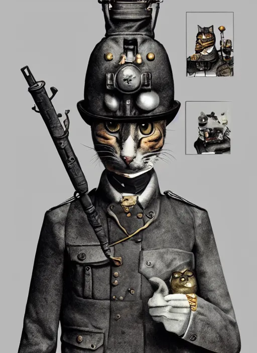 Image similar to a dieselpunk character portrait of an anthropomorphic cat soldier, by stephen gammell, by jack gaughan, by george ault, by victo ngai, 3 d render, cgsociety, artstation