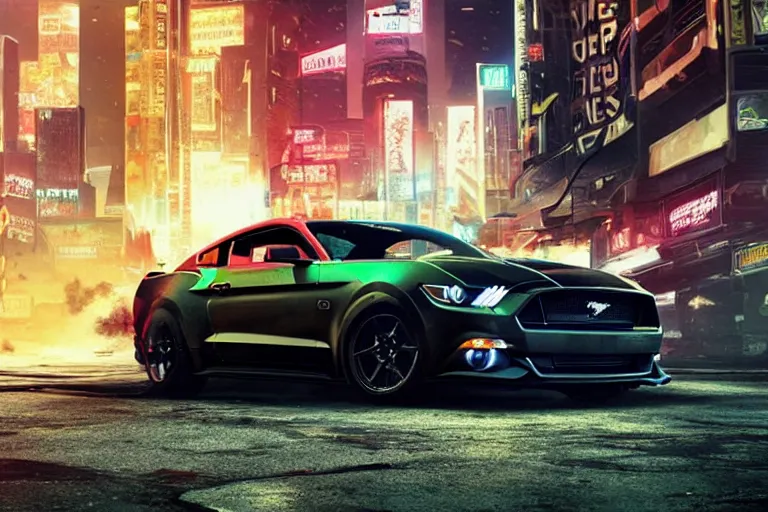 Image similar to ford mustang in cyberpunk city