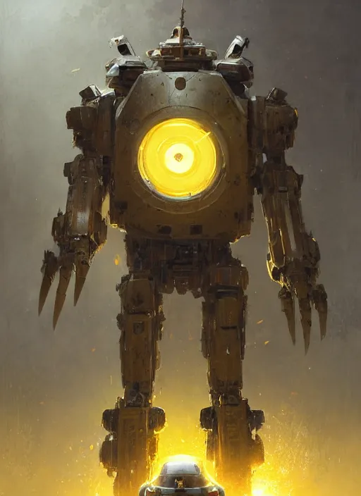 Prompt: human-sized strong intricate yellow pit droid carrying very detailed great sword and beautiful large paladin shield, pancake short large head, exposed metal bones, painterly humanoid mecha, by Greg Rutkowski