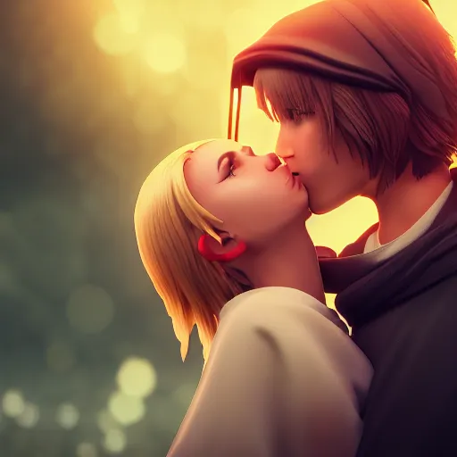 Image similar to Annie Leonhart kissing Anakin Skywalker, detailed face, love, bokeh effect, lesbian kiss, octane render, 8k wallpaper, love aesthetic