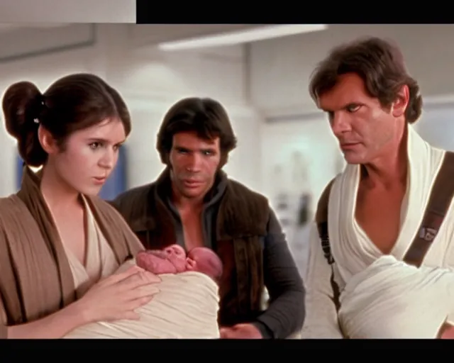 Image similar to screenshot of Han Solo standing next to Princess Leia Organa holding a new born baby in a swaddle, alone, pensive, iconic scene from 1980s Star Wars film directed by Ridley Scott, in a sci fi nursing home architecture, last jedi, 4k HD sharp, cinematic still frame, photoreal, detailed face, moody lighting, stunning cinematography, anamorphic lenses, kodak color film stock