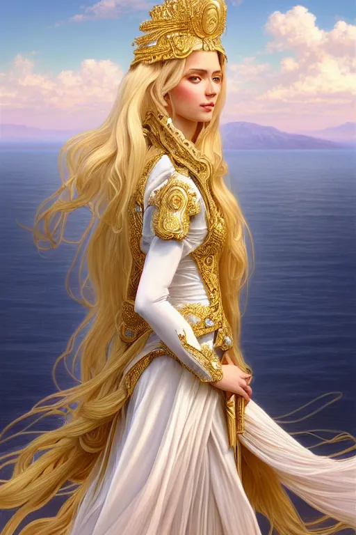 Prompt: portrait of a humanoid princess with long blonde hair, standing next to a beautiful view, ornate white officers outfit with gold embellishments, intricate, elegant, highly detailed, digital painting, artstation, concept art, smooth, sharp focus, illustration, art by artgerm and greg rutkowski and alphonse mucha, 8 k