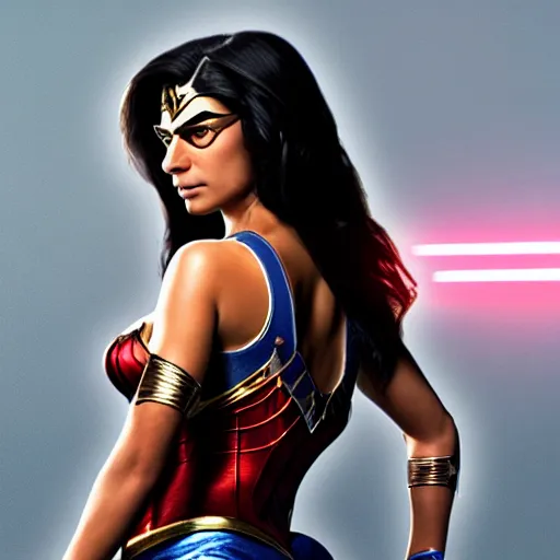 Image similar to hyperrealistic film full body still of mia khalifa as wonder woman, inspired by istvan sandorfi & greg rutkowski & unreal engine, perfect facial symmetry, dim volumetric cinematic lighting, 8 k octane comprehensive render, extremely hyper - detailed, incredibly lifelike attributes, intricate, real flesh texture, masterpiece, artstation, stunning,