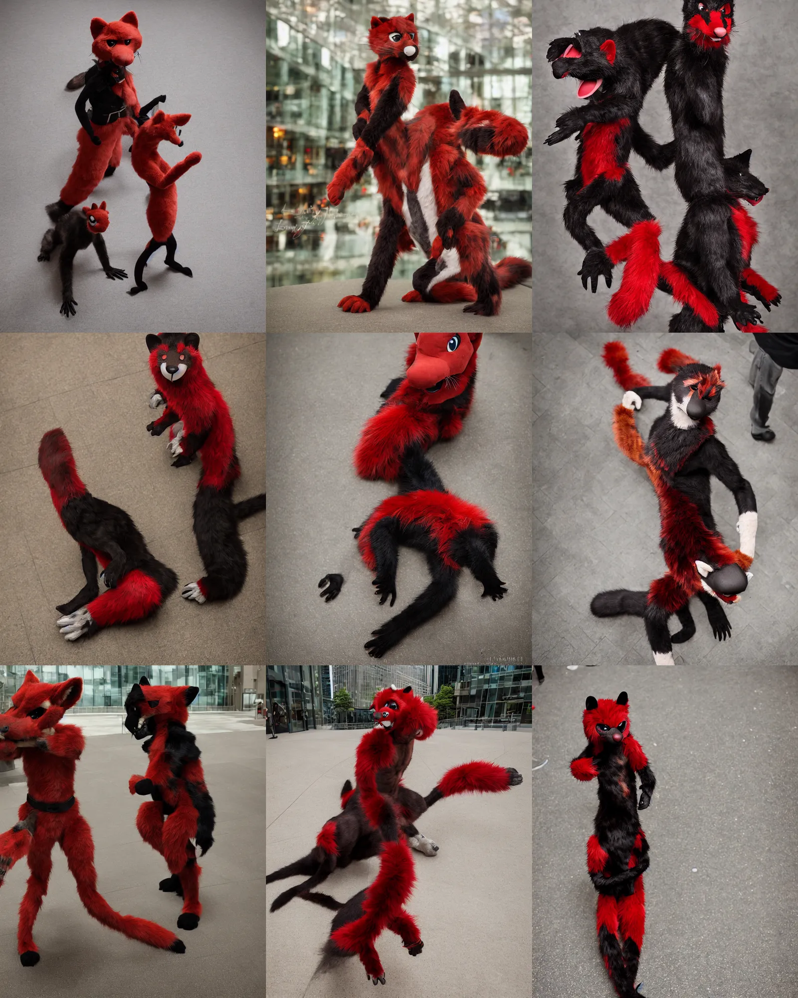 Prompt: fullbody photoshoot photo portrait of a roguish male red - black furred weasel furry fursuiter ( tail attached ), taken at anthrocon ( furry convention )