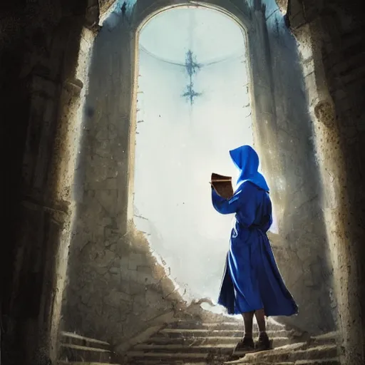 Prompt: A female wizard with brown hair wearing a blue hood and blue robe holding a book exploring an abandoned castle, art by greg rutkowski