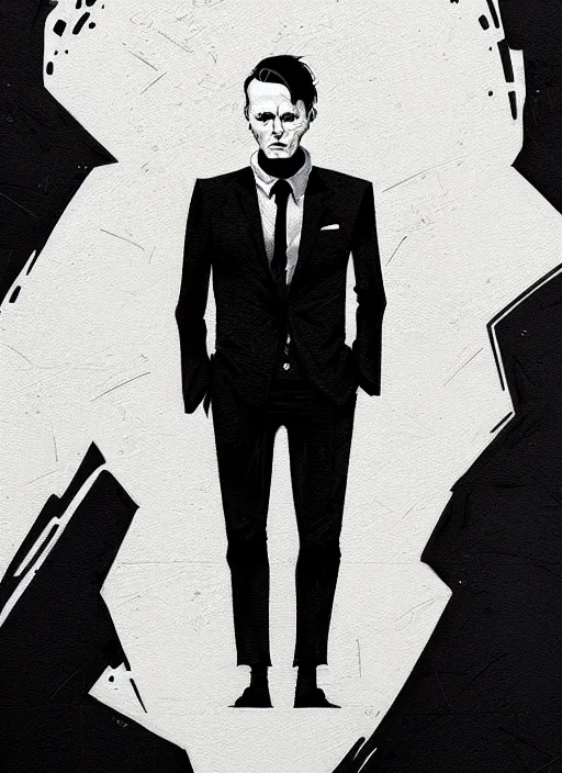 Image similar to highly detailed closeup portrait of martin wallstrom, tyrell wellick, slick back hair wearing suit by atey ghailan, by greg rutkowski, by greg tocchini, by james gilleard, by joe fenton, by kaethe butcher, gradient blue, black and white only color scheme, grunge aesthetic!!! ( ( graffiti tag wall background ) )