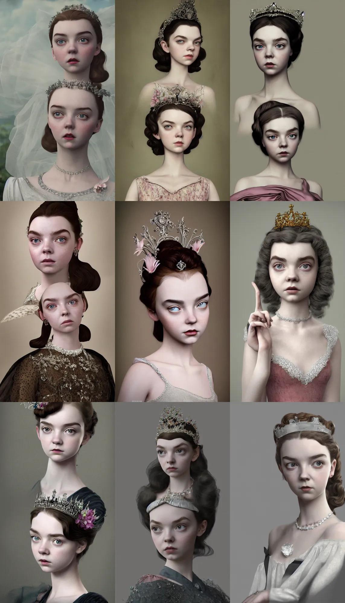 Image similar to a mix of of lily cole anya taylor - joy and audry hepburn, tiara, 1 8 th century manor, hyperrealism photorealism, 8 k, hdr, unreal engine 5, octane render, photorealistic, extremely detailed, intricate, in the style of mark ryden, lostfish, earl nore, hyung tae, frank frazetta