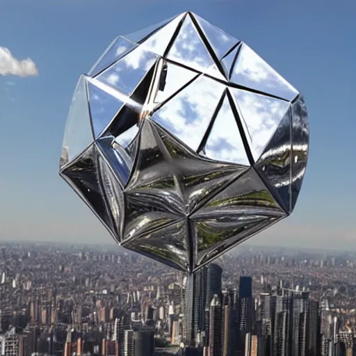 Prompt: ( very very large ) chrome dodecahedron! floating over a modern city