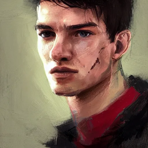 Image similar to Portrait of a man by Greg Rutkowski, he is about 20 years old, french features, attractive, short brown hair with bangs, athletic and strong, gallant, childhood friend vibes, he is wearing red and black utilitarian jumpsuit, highly detailed portrait, digital painting, artstation, concept art, smooth, sharp foccus ilustration, Artstation HQ.