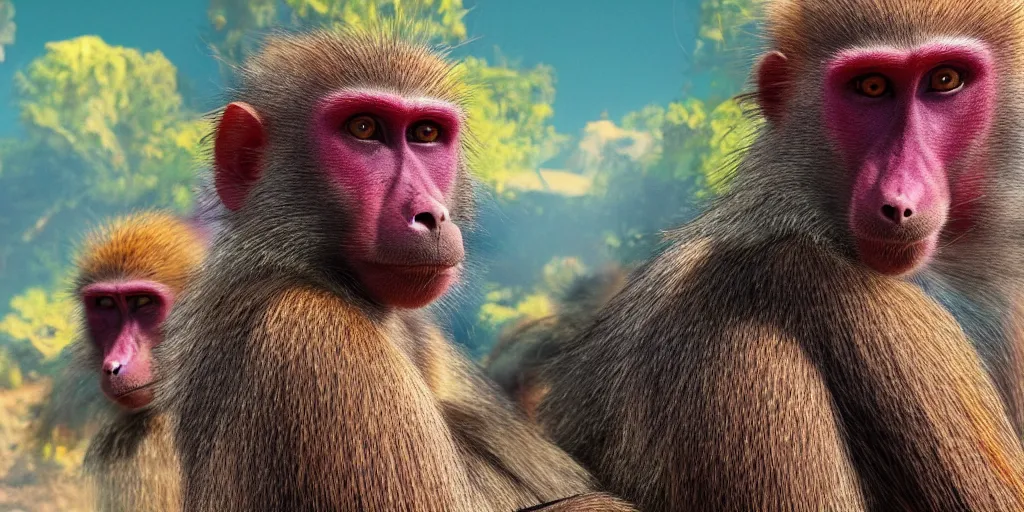 Prompt: colorful baboons sitting side by side starring directly into the camera with colorful feather background, highly detailed, intricate, digital painting, trending on artstation, concept art, matte painting, art by greg rutkwowski, craig mullins, octane render, 8 k, unreal engine