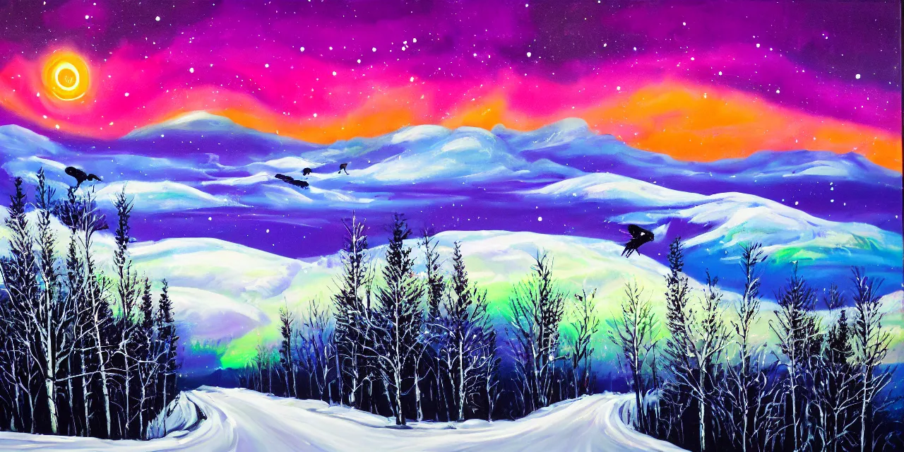 Prompt: acrylic pouring painting of the laurentian appalachian mountains in winter, unique, original and creative landscape, snowy night, distant town lights, aurora borealis, deers and ravens, footsteps in the snow, brilliant composition