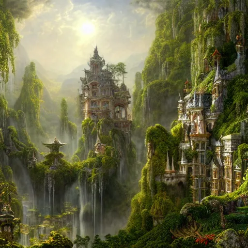 Image similar to a beautiful and highly detailed matte painting of an epic palace in a magical fantasy garden in a lush forest in the mountains, intricate details, epic scale, insanely complex, hyperdetailed, artstation, cgsociety, 8 k, sharp focus, hyperrealism, by caspar friedrich, albert bierstadt, james gurney, brian froud,