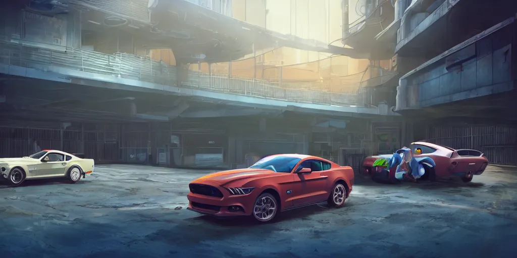 Image similar to a wholesome animation key shot of a focused ford mustang car parked in an multi-storey car park, medium shot, waist up, studio Ghibli, Pixar and Disney animation, sharp, very detailed, high resolution, Rendered in Unreal Engine 5, anime key art by Greg Rutkowski, Bloom, dramatic lighting