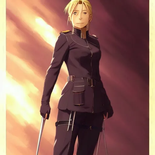 Image similar to Riza Hawkeye from Fullmetal Alchemist, fantasy, intricate, elegant, highly detailed, digital painting, artstation, concept art, matte, sharp focus, illustration, art by Artgerm and Greg Rutkowski and Alphonse Mucha