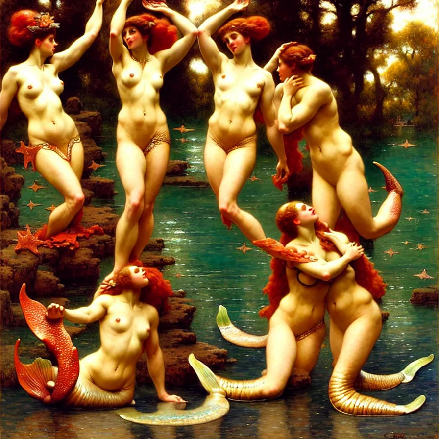 Image similar to mermaids wrestling, hard lighting, graceful, full body, warm lighting, painting by gaston bussiere, craig mullins, j. c. leyendecker, lights, art by ernst haeckel, john william godward, hammershøi