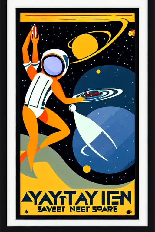 Prompt: art nouveau art deco travel poster. astronaut lady with a raygun in outer space, alien planets, framed poster