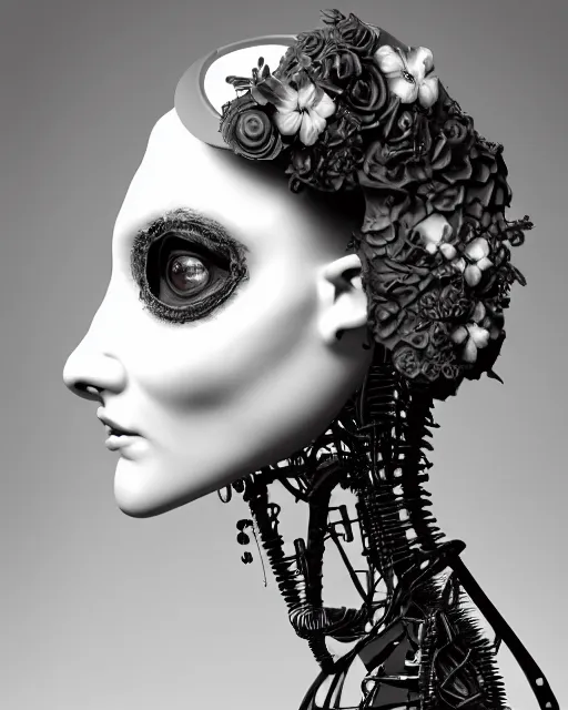 Image similar to black and white dreamy foggy smoky profile face portrait, one silver steampunk realistic eye biomechanical beautiful young female cyclope - cyborg - robot bust, body ribs meshes,, volumetric light, hibiscus flowers, by hg giger, rim light, by dora maar and cecile beaton, big gothic fashion pearl embroidered collar, 8 k