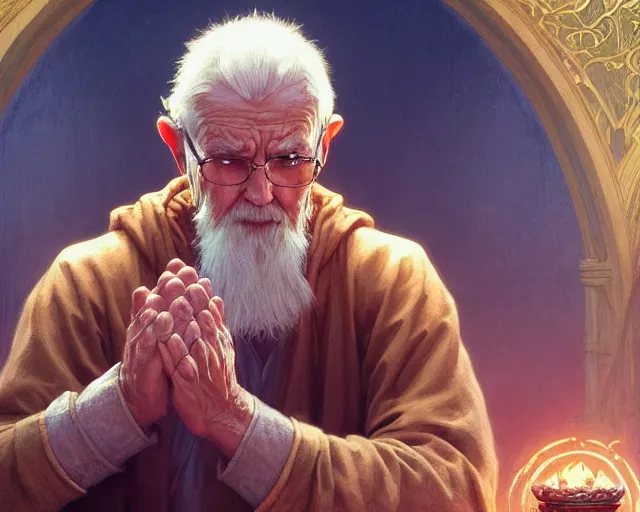 Image similar to old man clasping his hands as spell casting, deep focus, d & d, fantasy, intricate, elegant, highly detailed, digital painting, artstation, concept art, matte, sharp focus, illustration, hearthstone, art by artgerm and greg rutkowski and alphonse mucha
