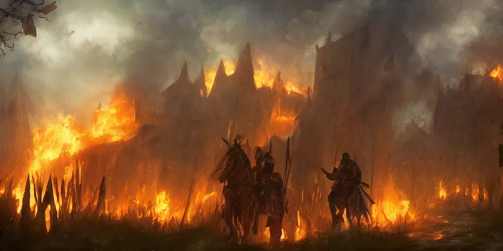 Prompt: A fantasy scene where a village is burning and a hero comes to save the day, bittersweet atmosphere, arson, knights, heroic acts