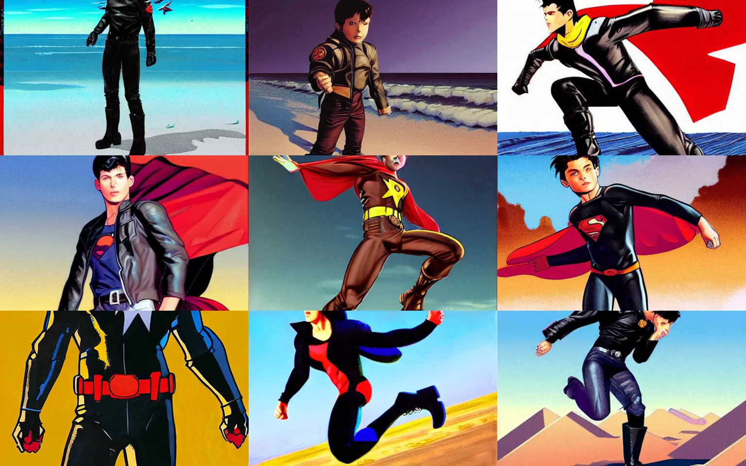 Prompt: 1990's superboy flying above a beach, full body shot, cool hair, black boots, leather jacket, style digital painting, concept art, smooth, sharp focus, illustration, from Metal Gear, by Alex Ross