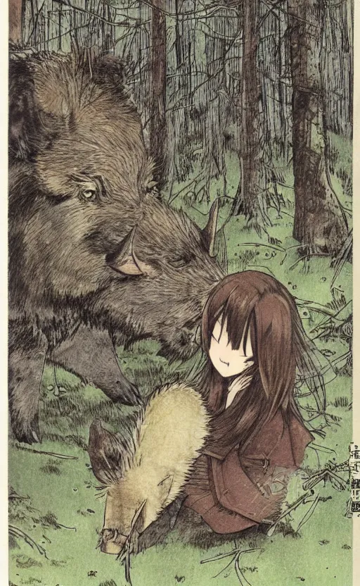 Prompt: by akio watanabe, manga art, a boar is curios about a girl with brown hair, in forest, trading card front, kimono, realistic anatomy, sun in the background