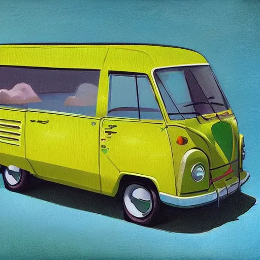 Prompt: retro painting illustration of a volswagen van, 2 d, pastel color, green, yellow, red, retro style art, trendy on artstation, by rhads