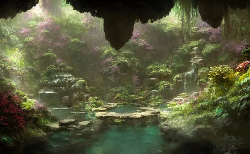 Prompt: painting of an interior of a hidden japanese hotspring in a small cave, fantasy, lush plants and flowers, natural light, concept art, by craig mullins, cozy atmospheric and cinematic lighting, trending on artstation