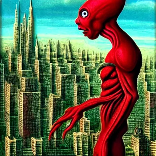 Image similar to A beautiful illustration of a strange, red alien creature looming over a green cityscape. The alien has several eyes and one mouth and its body is covered in scales. It seems to be coming towards the viewer, who is looking up at it in fear. By Max Ernst and Maciej Rebisz