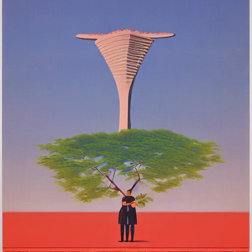 Prompt: A Singaporean propaganda poster designed by Rene Magritte