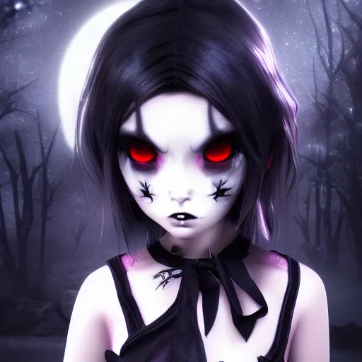 Prompt: full shot portrait of angry darkness anime girl at moonlight, gothic wearing, worrying eyes, inspired by Tim Burton, highly detailed, unreal engine 4k volumetric light, fog,