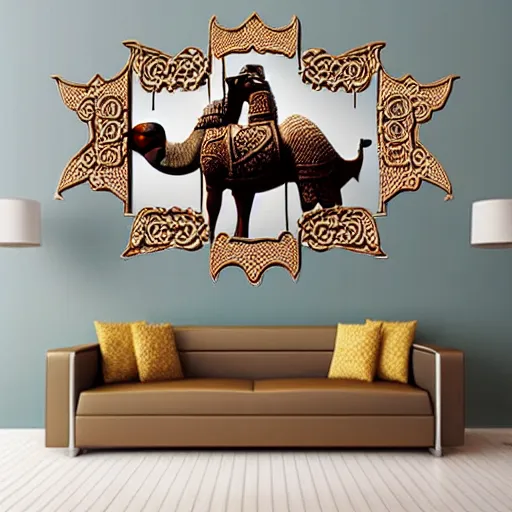 Prompt: gorgeous ornated 3 d printed realistic detailed sacred camel wall decoration with filigree