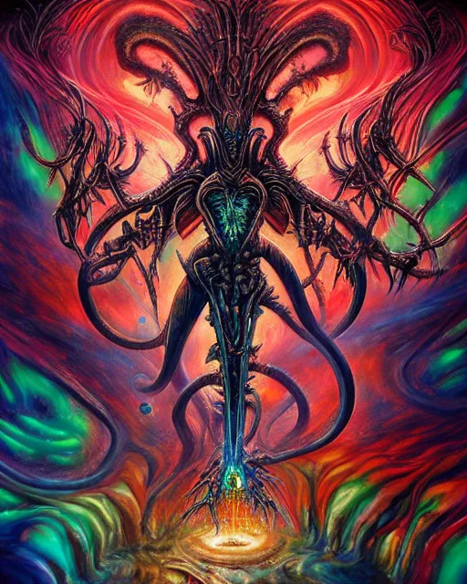 Image similar to charred bloody fleshmetal cyborg daemonhost psychedelic rainbow flamer of tzeentch, by antonio j. manzanedo, giger, alex grey, android jones, wayne barlowe, philippe druillet, raymond swanland, cyril rolando, josephine wall, harumi hironaka, cronenburg, trending on artstation