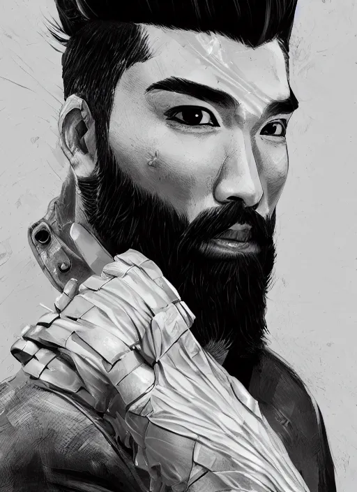 Image similar to a highly detailed illustration of bearded asian man wearing leather jacket with bandaged right hand, focused boxing philly shell stance pose, hands shielding face, intricate, elegant, highly detailed, centered, digital painting, artstation, concept art, smooth, sharp focus, league of legends concept art, WLOP