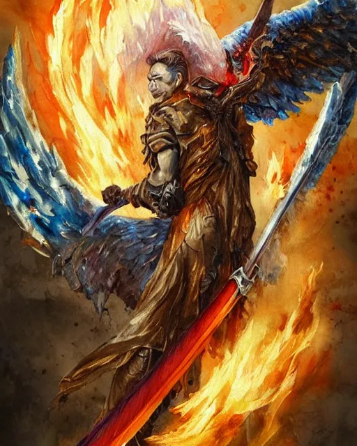 Image similar to a oil / watercolor painting full body character portrait of a fallen angel wielding a jagged firey sword made of ice in the style of moebius in the style of leonard boyarsky trending on artstation deviantart pinterest detailed photorealistic highlights and shadow hd 8 k post - processing high resolution