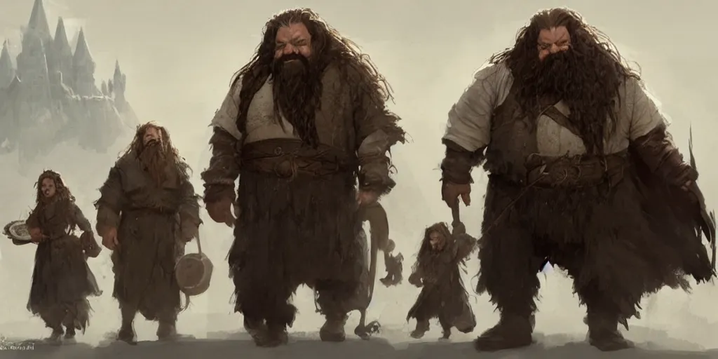 Image similar to gimli, hagrid, two people, dwarf, giant, character design, greg rutkowski