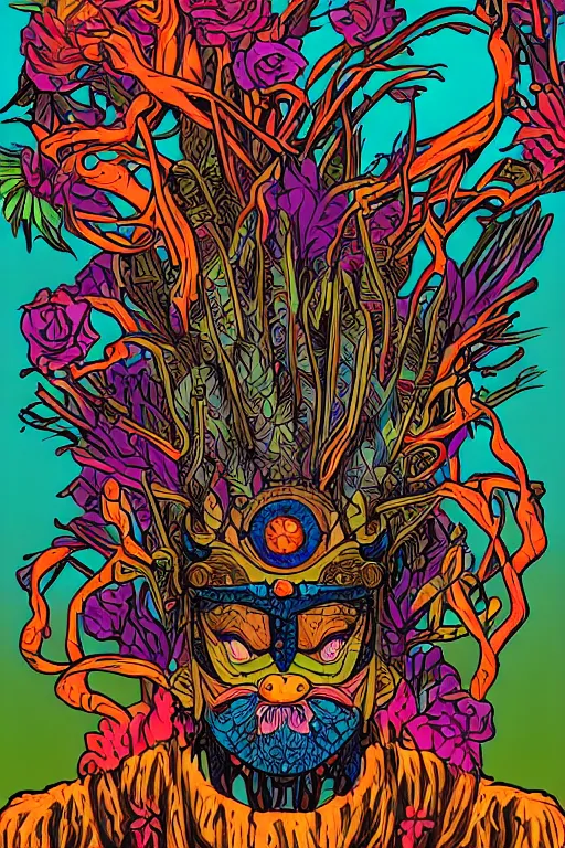 Image similar to animal mask totem roots flower tribal feather gemstone plant wood rock shaman vodoo video game vector cutout illustration vivid multicolor borderlands comics by josan gonzales and dan mumford radiating a glowing aura