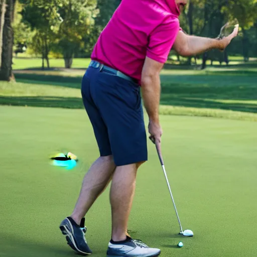 Image similar to man golfing and pointing to a bird who stole the ball, audience looking and laughing