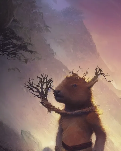 Image similar to Capybara Shapeshifter Druid Mage, D&D, artstation, fantasy, magic the gathering artwork, cinematic lighting, centered, symmetrical, highly detailed, digital painting, , concept art, smooth, sharp focus, illustration, volumetric lighting, epic Composition, 8k, art by Akihiko Yoshida and Greg Rutkowski and Craig Mullins, oil painting, cgsociety