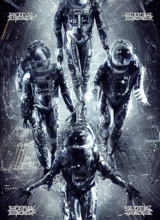 Image similar to astronauts in dark and empty void underwater - complex and hyperdetailed technical suit. reflection and dispersion materials. rays and dispersion of light. volumetric light. 5 0 mm, f / 3 2. noise film photo. flash photography. ultra realistic, wide angle. poster by wayne barlowe, hajime sorayama aaron horkey, craig mullins