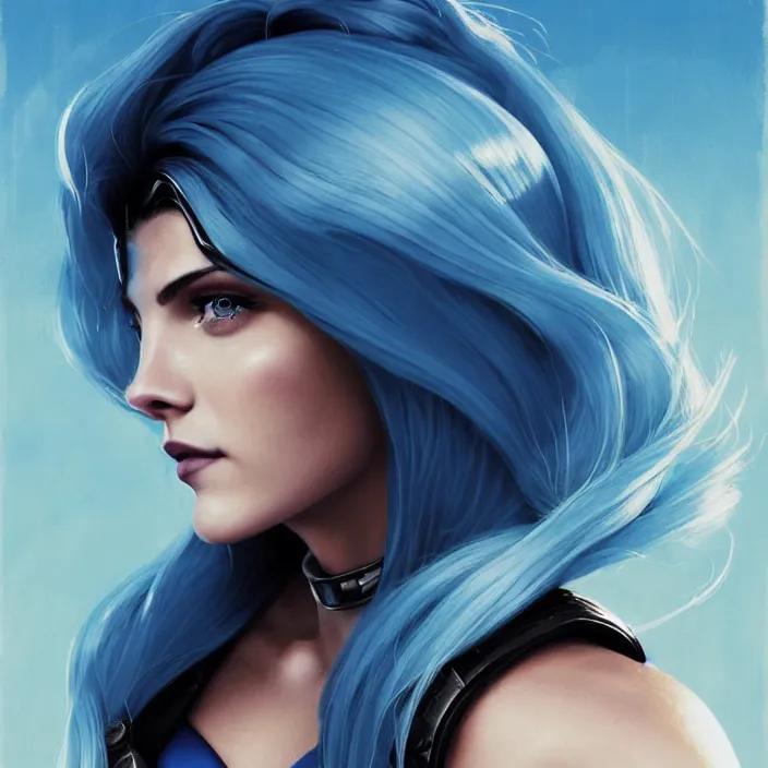 Image similar to portrait of a combination of Ashley Greene, Katheryn Winnick, Victoria Justice, Adriana Dxim, Grace Kelly and Emma Watson with blue hair wearing Interceptor's armor from Anthem, countryside, calm, fantasy character portrait, dynamic pose, above view, sunny day, thunder clouds in the sky, artwork by Jeremy Lipkin and Giuseppe Dangelico Pino and Michael Garmash and Rob Rey and Greg Manchess and Huang Guangjian, very coherent asymmetrical artwork, sharp edges, perfect face, simple form, 100mm