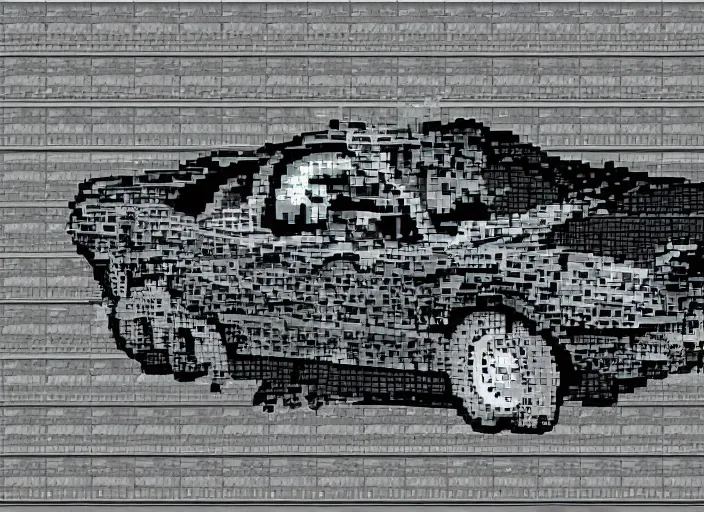 Image similar to synthesized hologram aiburning wrecked mercedes 1 2 4, pixelart, game 8 - bit monochrome gameboy!!, award winning. dramatic. trending on artstation, low resolution sync