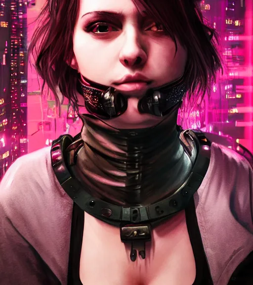 Image similar to detailed realistic female character cyberpunk wearing thick steel collar around neck, realistic, art, beautiful, 4K, collar, choker, collar around neck, punk, artstation, detailed, female, woman, choker, cyberpunk, neon, punk, collar, choker, collar around neck, thick collar, tight around neck, punk,