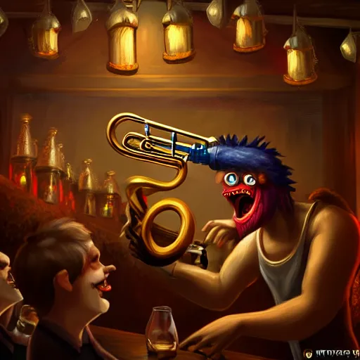 Image similar to monster playing trumpet in tavern to cheering patrons, artstation, fantasy