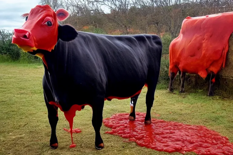Prompt: a cow covered in tomato ketchup