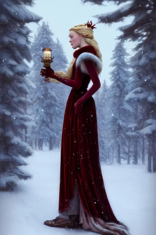 Prompt: nostalgia for a fairytale, nordic, snowing, medieval maiden dressed in furs, red velvet gown, long hair, tall and thin, illustration, dramatic lighting, soft details, painting, art nouveau, octane render, 8 k, hd, by edmund blair leighton, brom, charlie bowater, faces by otto schmidt