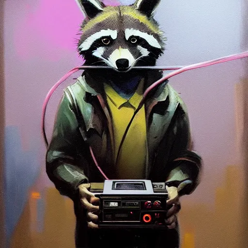 Image similar to greg manchess painting of a trash panda character, holding a box of cables and standing next to old electronic equiptment, medium shot, asymmetrical, profile picture, organic painting, night time, dark, neon lights, matte painting, bold shapes, hard edges, street art, trending on artstation, by huang guangjian and gil elvgren and sachin teng