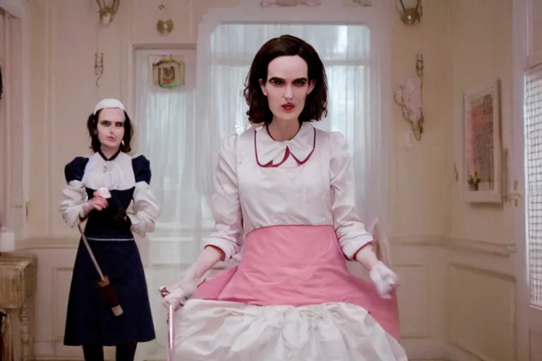 Prompt: mid-shot of Winona Ryder as a maid in the new movie directed by Wes Anderson, symmetrical shot, idiosyncratic, relentlessly detailed, pastel, limited colour palette, detailed face, movie still frame, promotional image, concept art, imax 70 mm footage