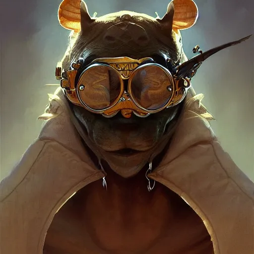 Image similar to anthropomorphic rat with goggles on his forehead, D&D, fantasy, intricate, elegant, highly detailed, digital painting, artstation, concept art, smooth, sharp focus, illustration, art by artgerm and greg rutkowski and alphonse mucha