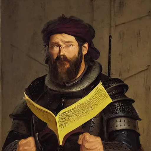 Image similar to Portrait of frustrated and acerbic male medieval sergeant with a short beard wearing a {black and yellow tabard} over a steel breastplate and a black gambeson looking at a war map on a table, by Greg Rutkowski, {perfect face}, {perfect eyes}, fantasy